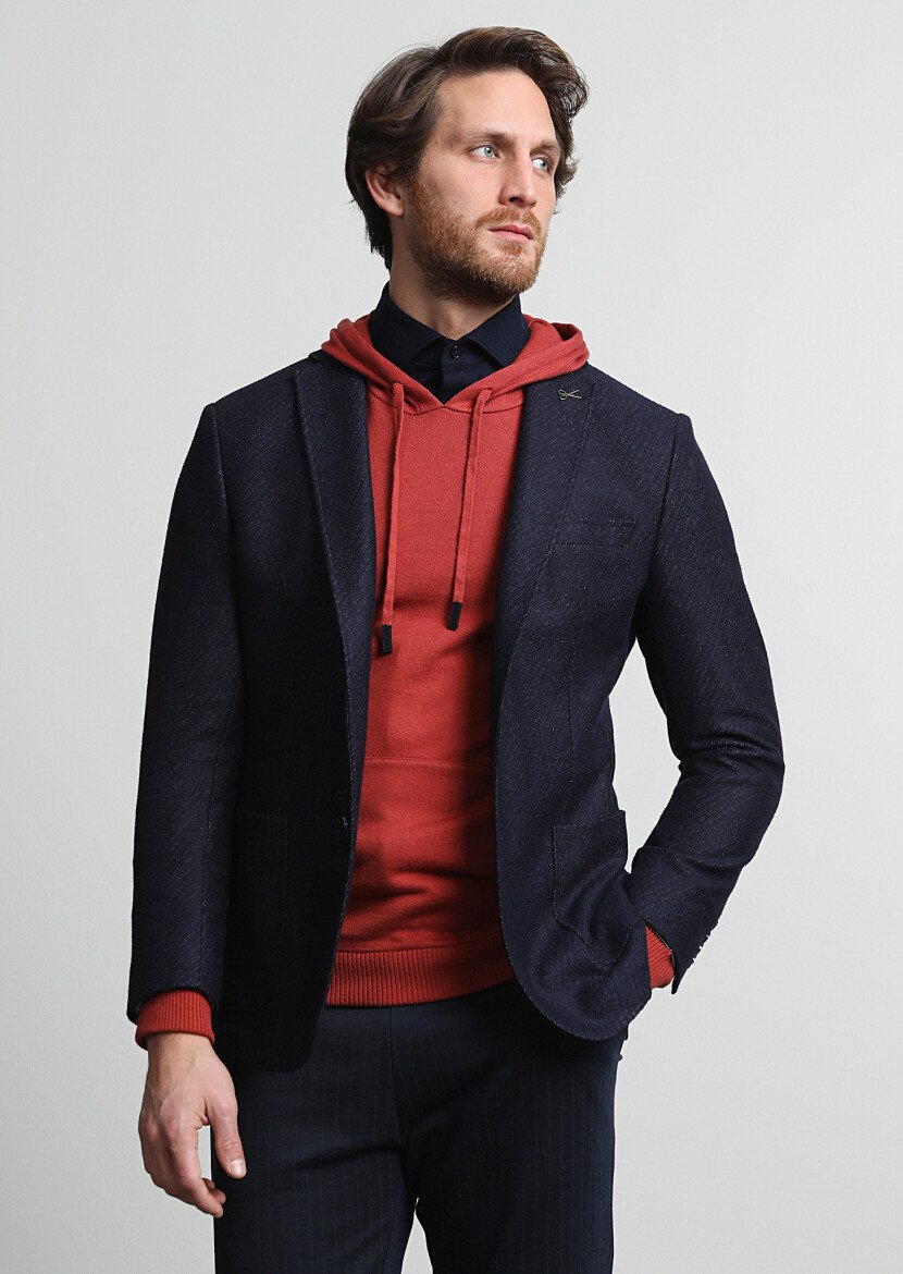 Navy Blue Patterned Zeroweight Slim Fit Wool Blended Jacket - 3