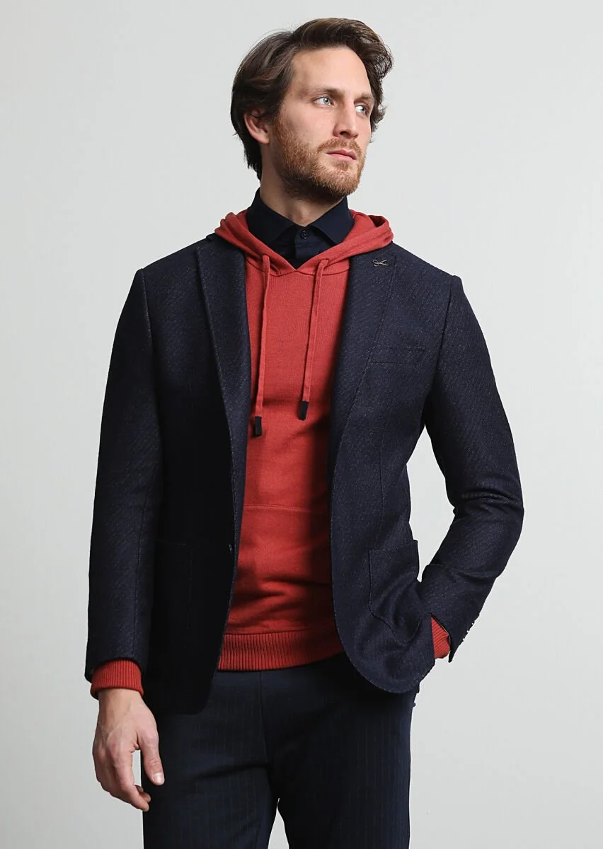 Navy Blue Patterned Zeroweight Slim Fit Wool Blended Jacket - 3