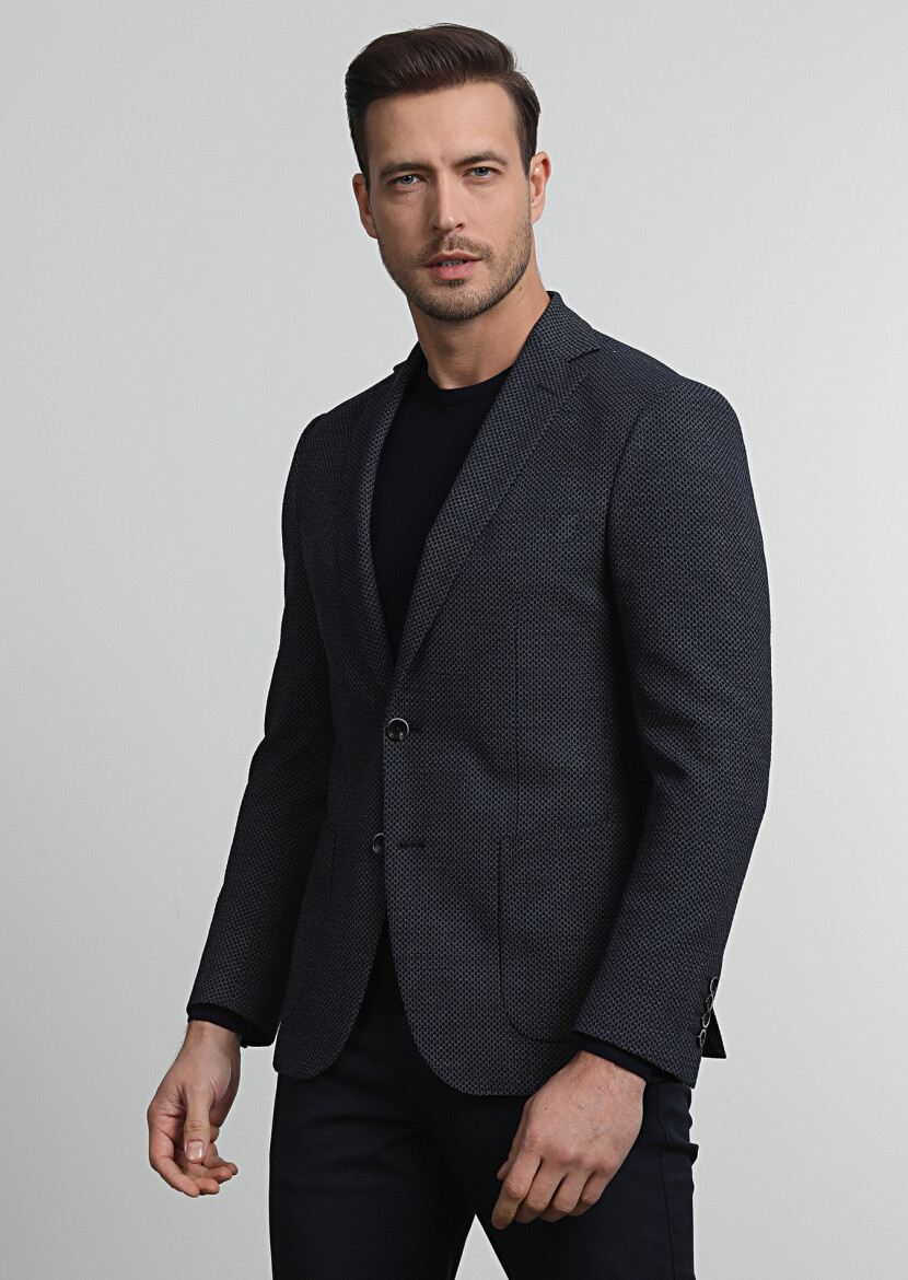 Navy Blue Patterned Zeroweight Slim Fit Wool Blended Jacket - 1