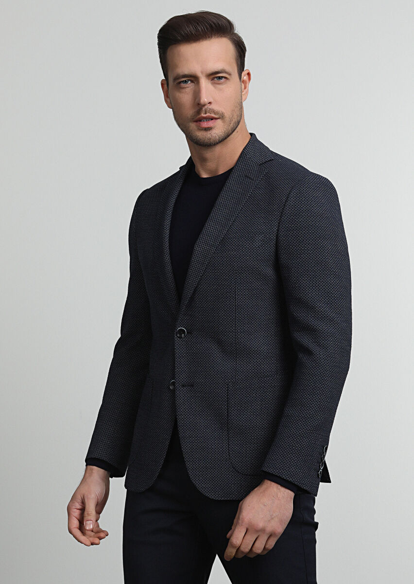 Navy Blue Patterned Zeroweight Slim Fit Wool Blended Jacket - 1