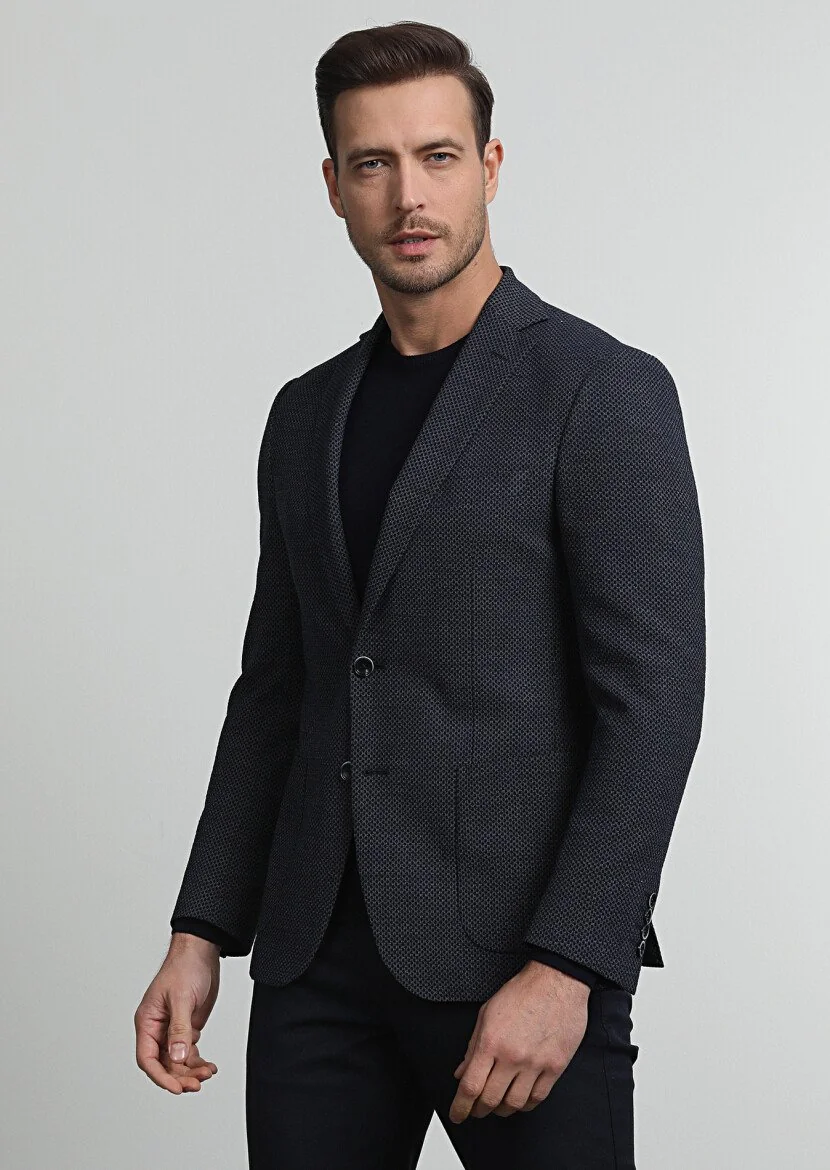Navy Blue Patterned Zeroweight Slim Fit Wool Blended Jacket - 1