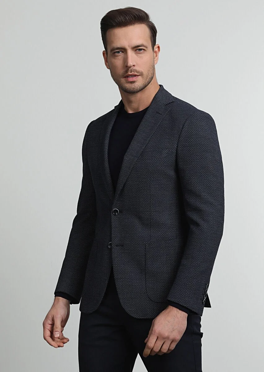 Navy Blue Patterned Zeroweight Slim Fit Wool Blended Jacket - 1