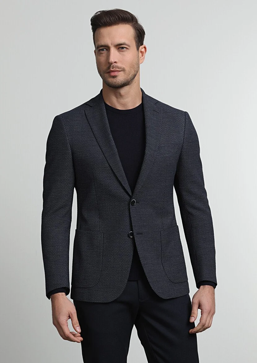 Navy Blue Patterned Zeroweight Slim Fit Wool Blended Jacket - 3