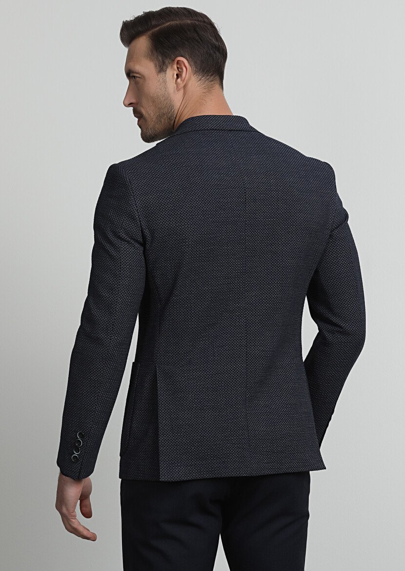 Navy Blue Patterned Zeroweight Slim Fit Wool Blended Jacket - 4