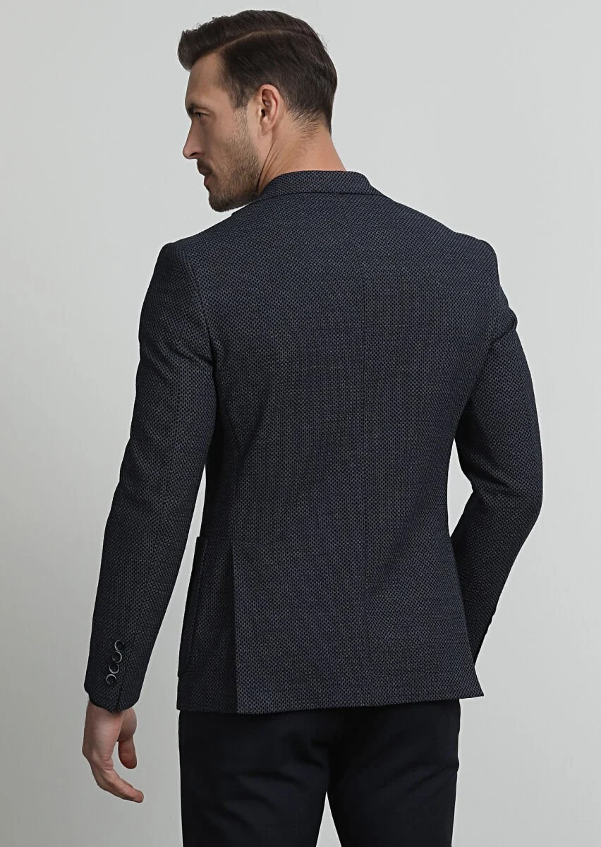 Navy Blue Patterned Zeroweight Slim Fit Wool Blended Jacket - 4