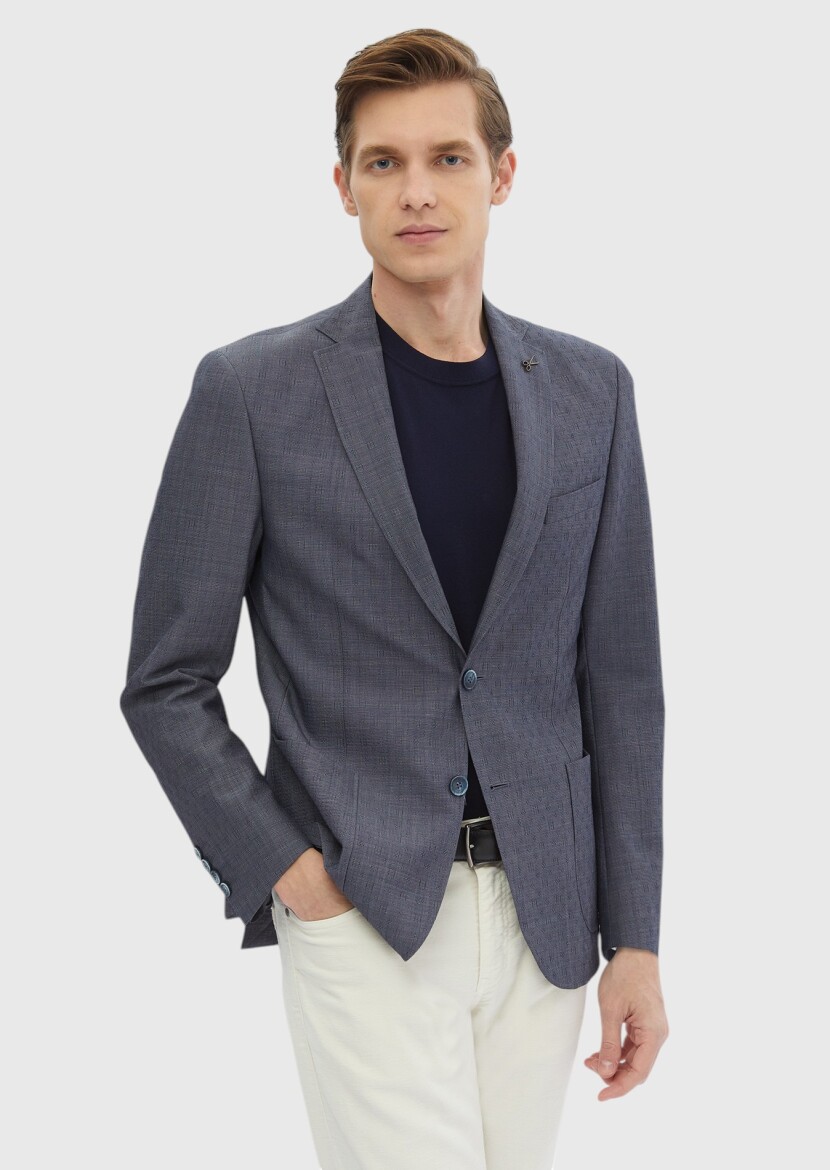 Navy Blue Patterned Zeroweight Slim Fit Wool Blended Jacket - 1
