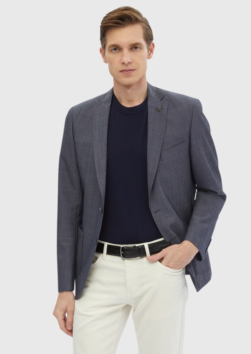 Navy Blue Patterned Zeroweight Slim Fit Wool Blended Jacket - 3