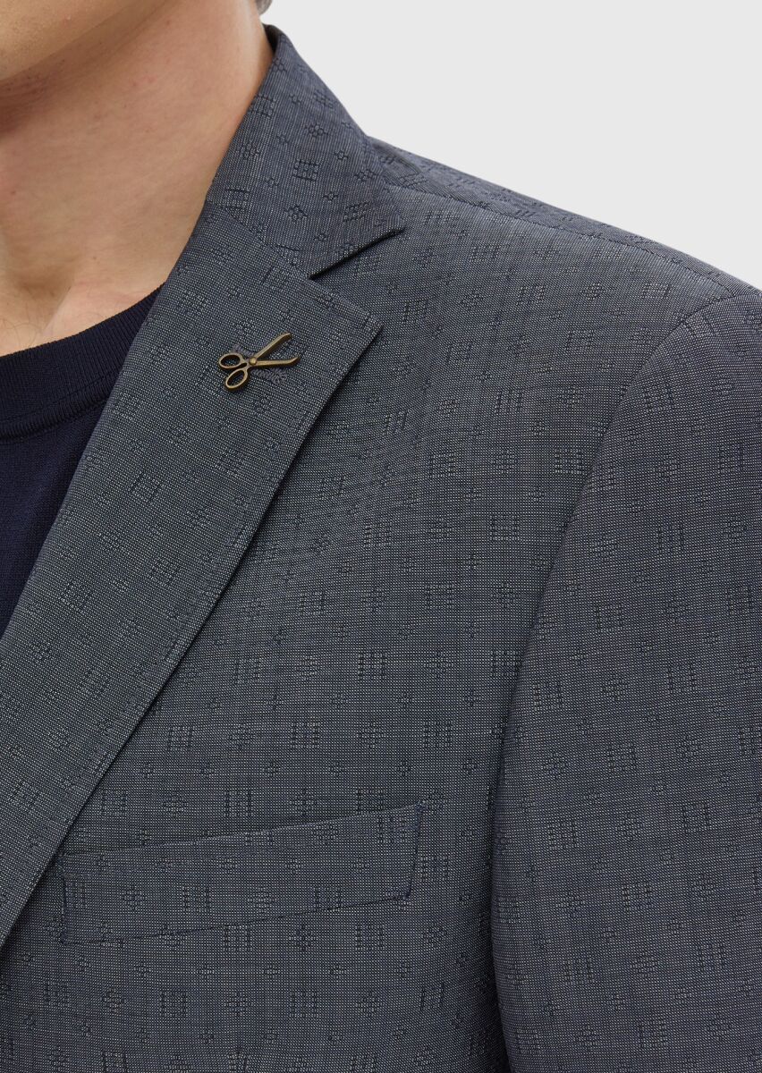 Navy Blue Patterned Zeroweight Slim Fit Wool Blended Jacket - 5