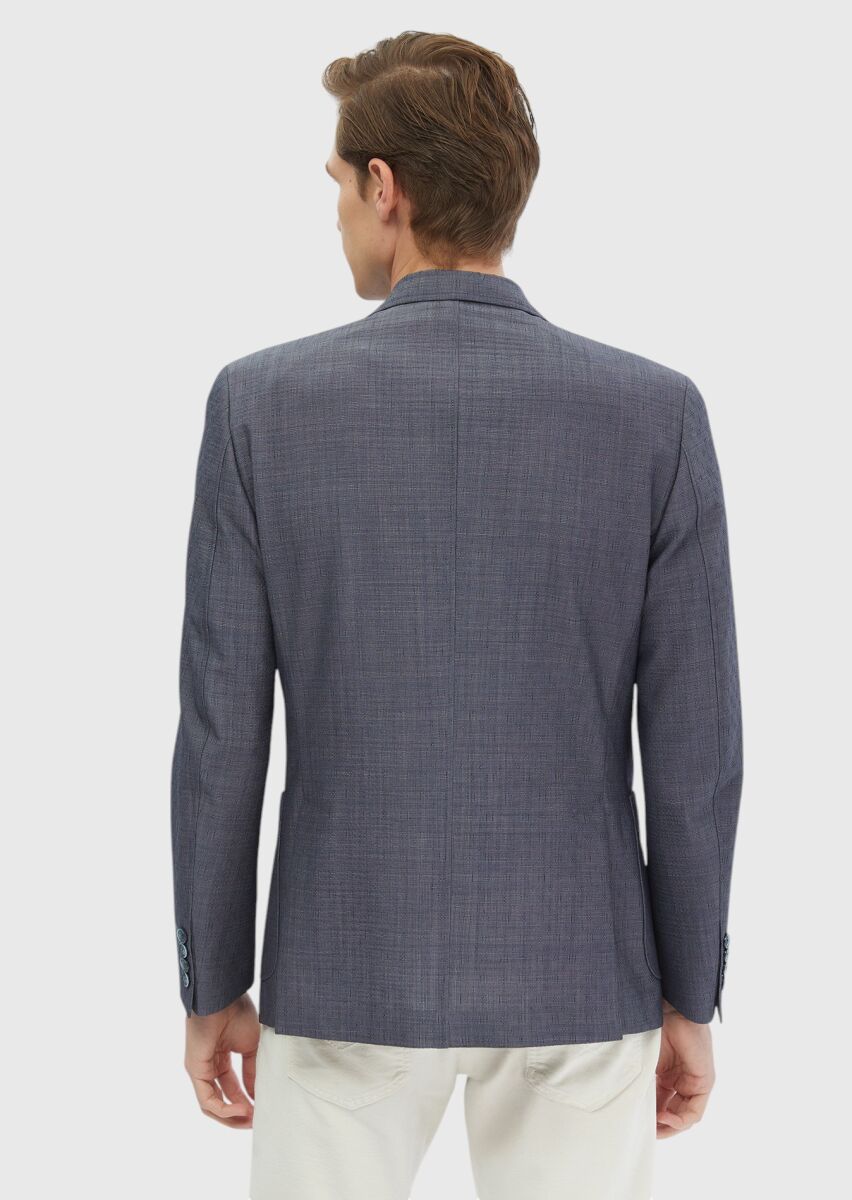 Navy Blue Patterned Zeroweight Slim Fit Wool Blended Jacket - 6