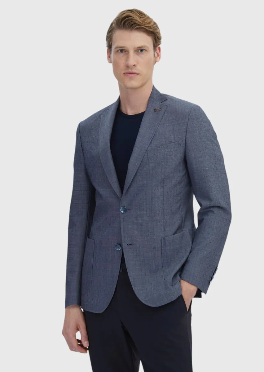 Navy Blue Patterned Zeroweight Slim Fit Wool Blended Jacket - 1