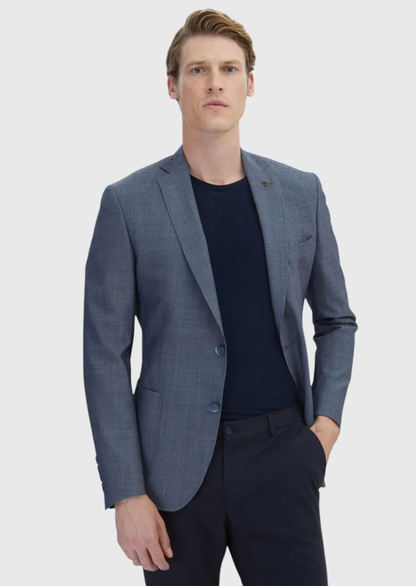 Navy Blue Patterned Zeroweight Slim Fit Wool Blended Jacket - 3