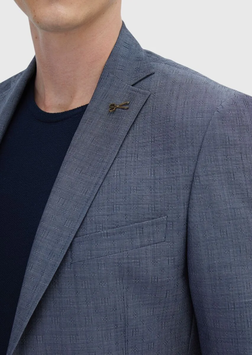 Navy Blue Patterned Zeroweight Slim Fit Wool Blended Jacket - 4