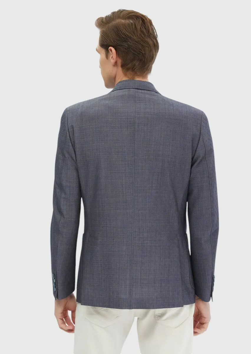 Navy Blue Patterned Zeroweight Slim Fit Wool Blended Jacket - 6
