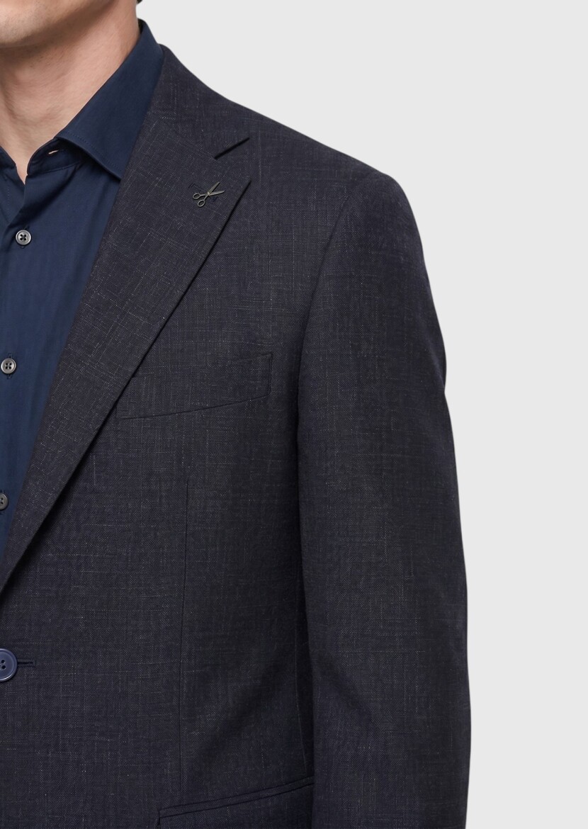 Navy Blue Patterned Zeroweight Slim Fit Wool Blended Suit - 3
