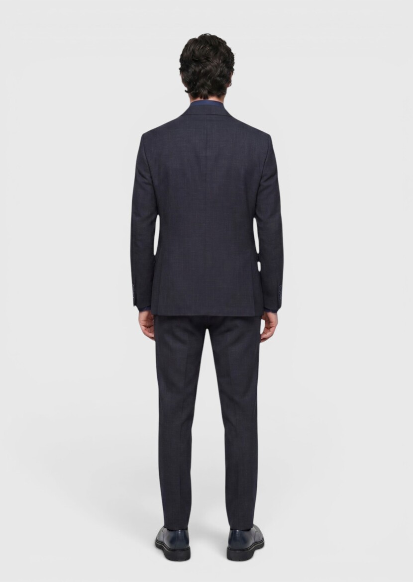Navy Blue Patterned Zeroweight Slim Fit Wool Blended Suit - 5