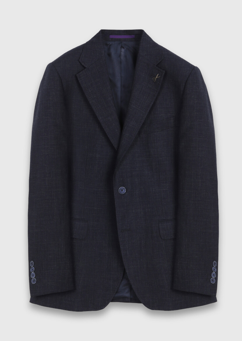 Navy Blue Patterned Zeroweight Slim Fit Wool Blended Suit - 6