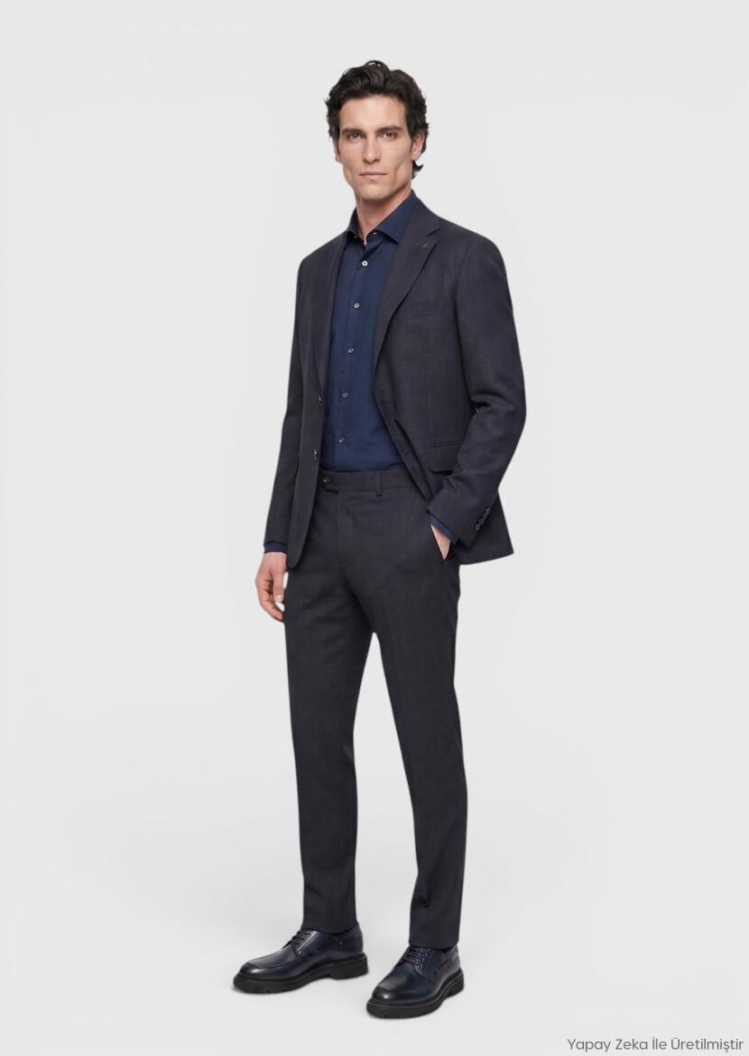 Navy Blue Patterned Zeroweight Slim Fit Wool Blended Suit - RAMSEY