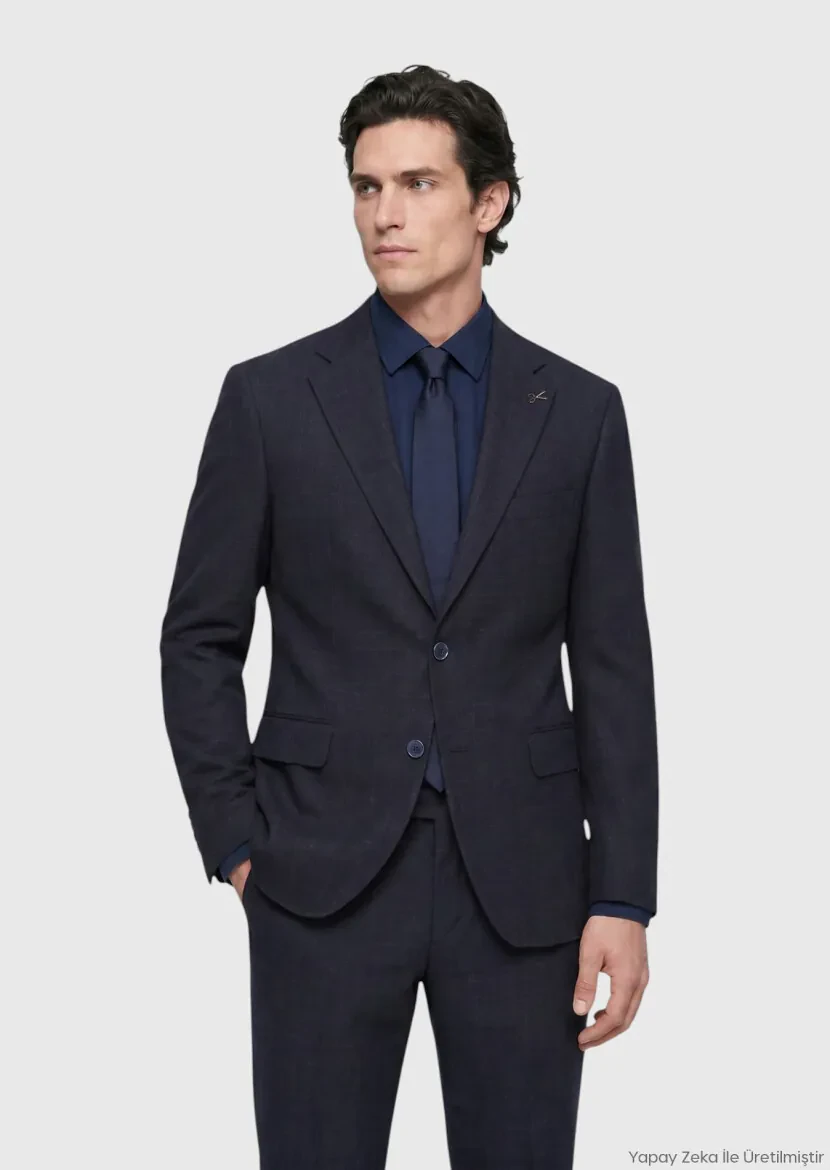 Navy Blue Patterned Zeroweight Slim Fit Wool Blended Suit - RAMSEY