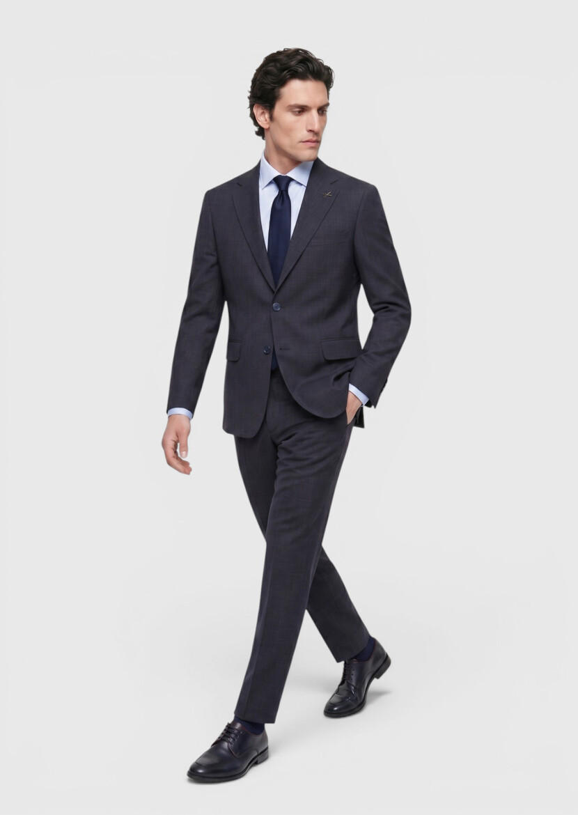 Navy Blue Patterned Zeroweight Slim Fit Wool Blended Suit - 3