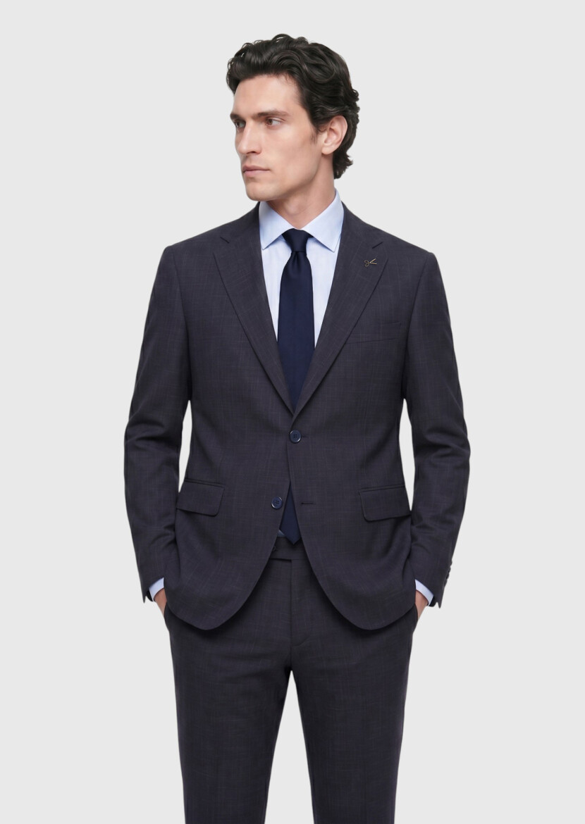 Navy Blue Patterned Zeroweight Slim Fit Wool Blended Suit - 4