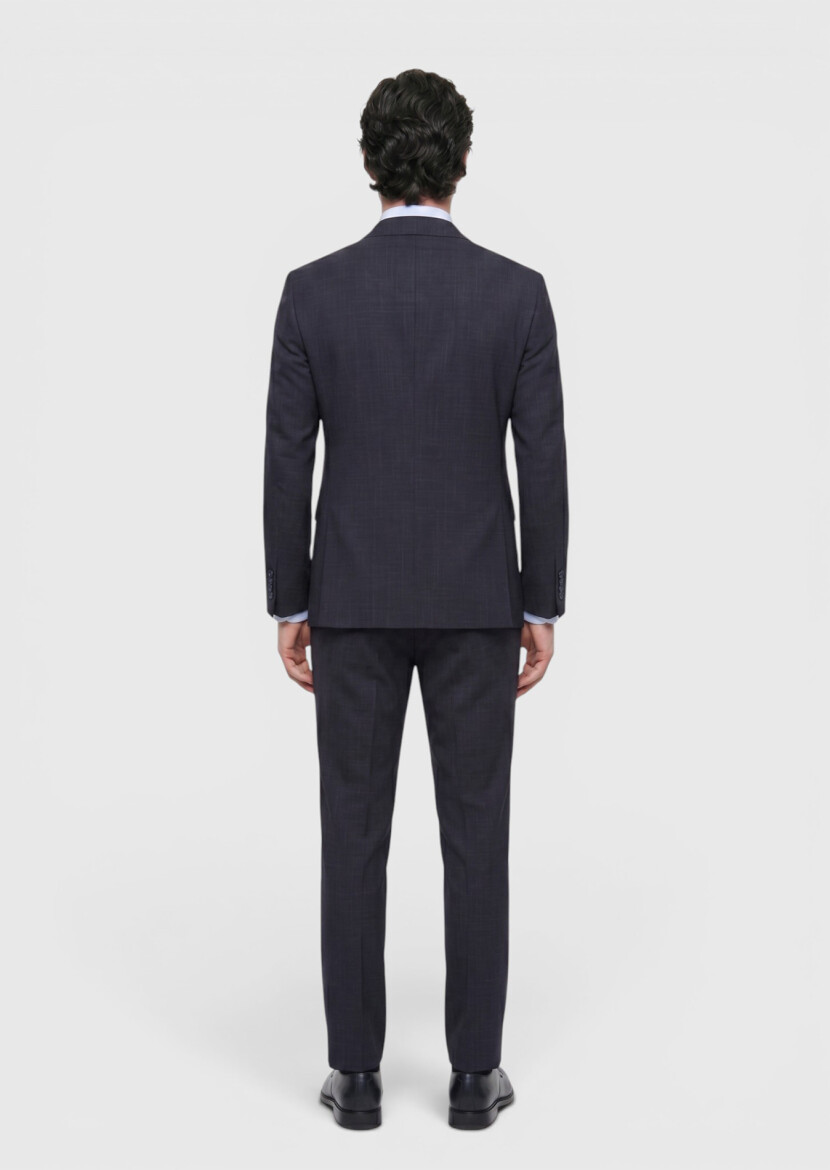 Navy Blue Patterned Zeroweight Slim Fit Wool Blended Suit - 5