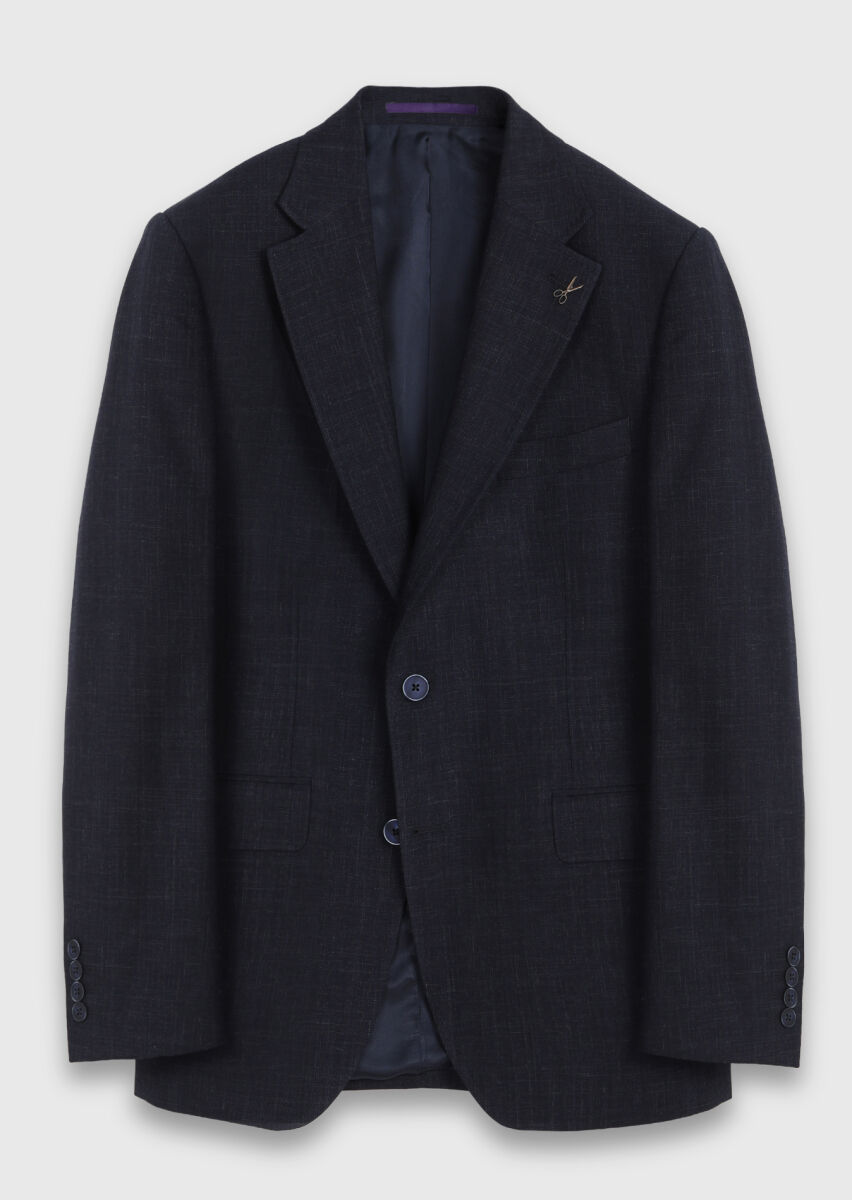 Navy Blue Patterned Zeroweight Slim Fit Wool Blended Suit - 6