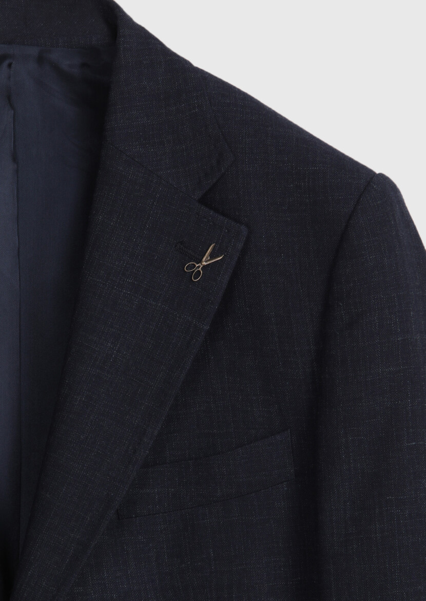 Navy Blue Patterned Zeroweight Slim Fit Wool Blended Suit - 8