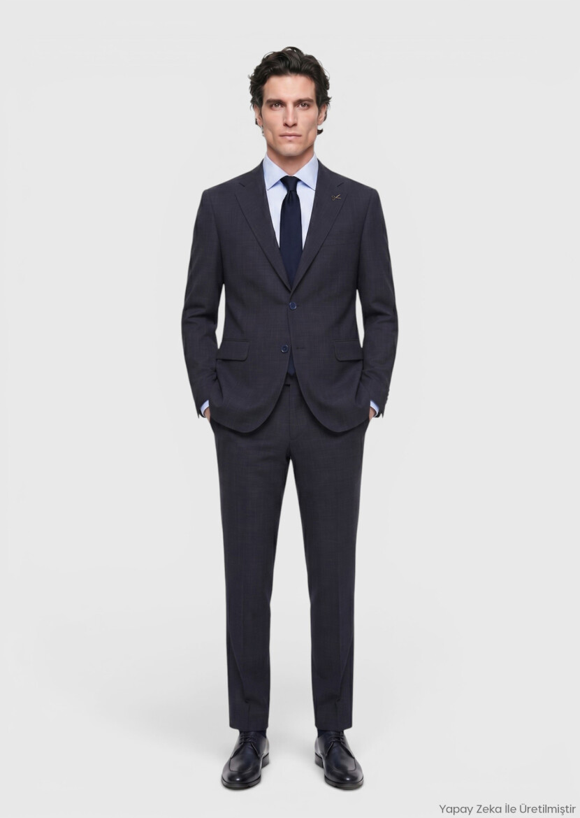 Navy Blue Patterned Zeroweight Slim Fit Wool Blended Suit - RAMSEY