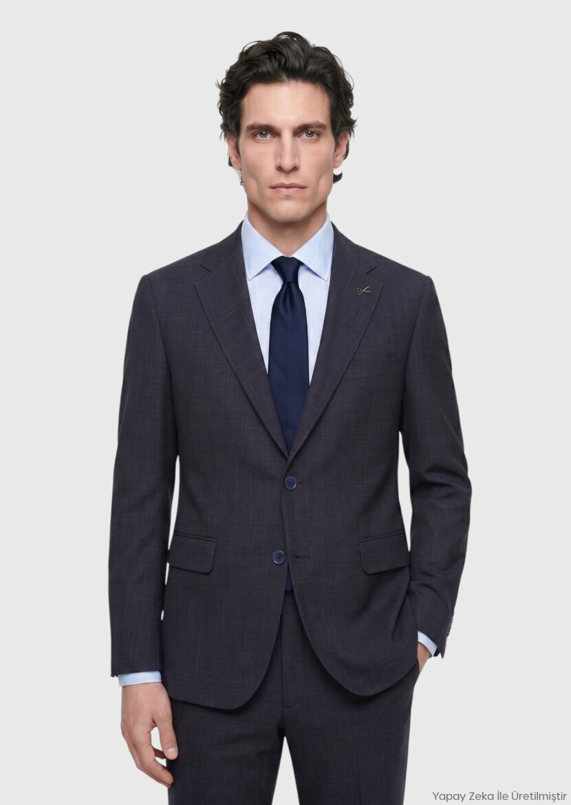 Navy Blue Patterned Zeroweight Slim Fit Wool Blended Suit - RAMSEY