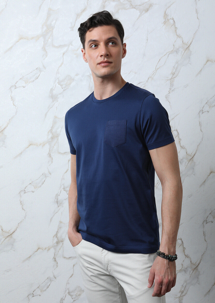 Navy Blue Plain 100% Cotton T-Shirt - 1