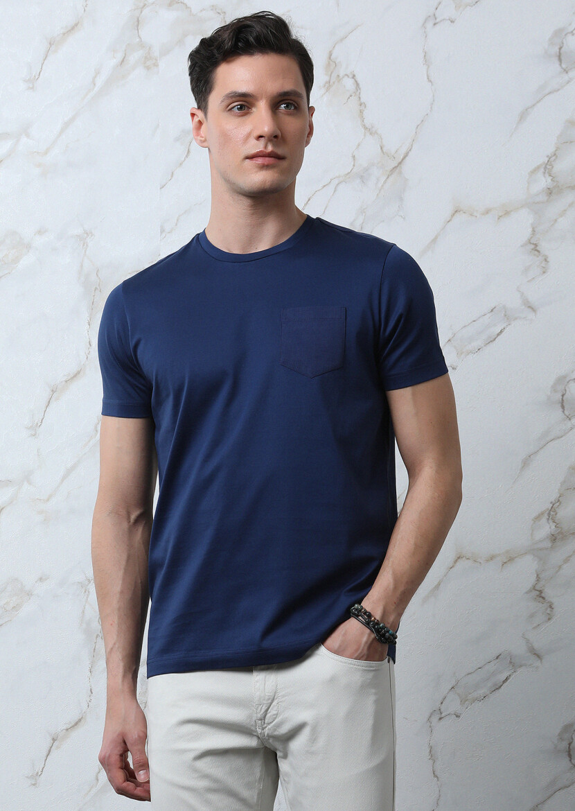 Navy Blue Plain 100% Cotton T-Shirt - 3