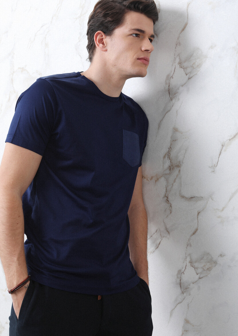 Navy Blue Plain 100% Cotton T-Shirt - 6