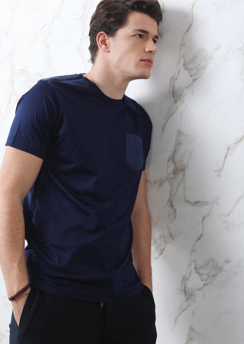 Navy Blue Plain 100% Cotton T-Shirt - 6
