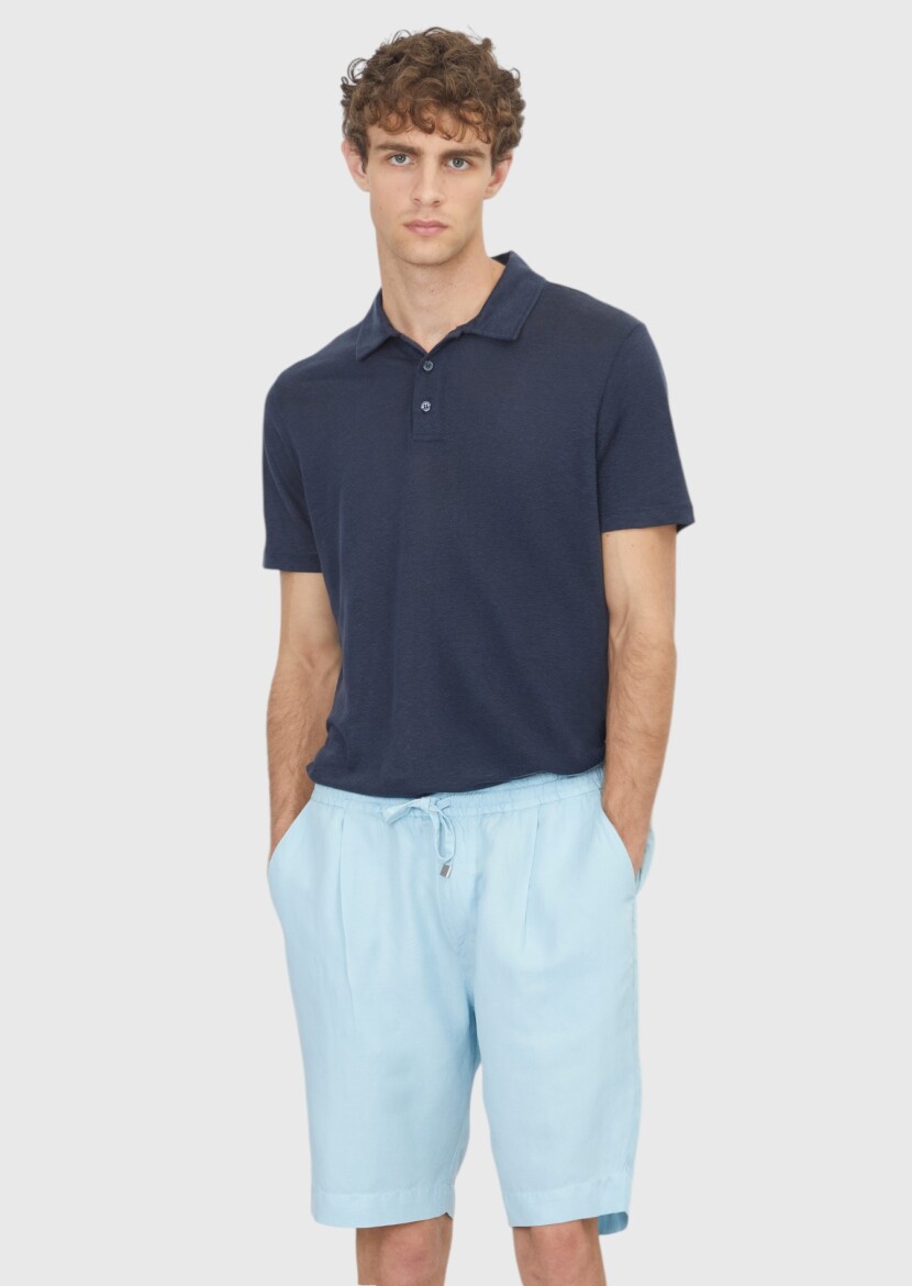 Navy Blue Plain 100% Linen T-Shirt - 1