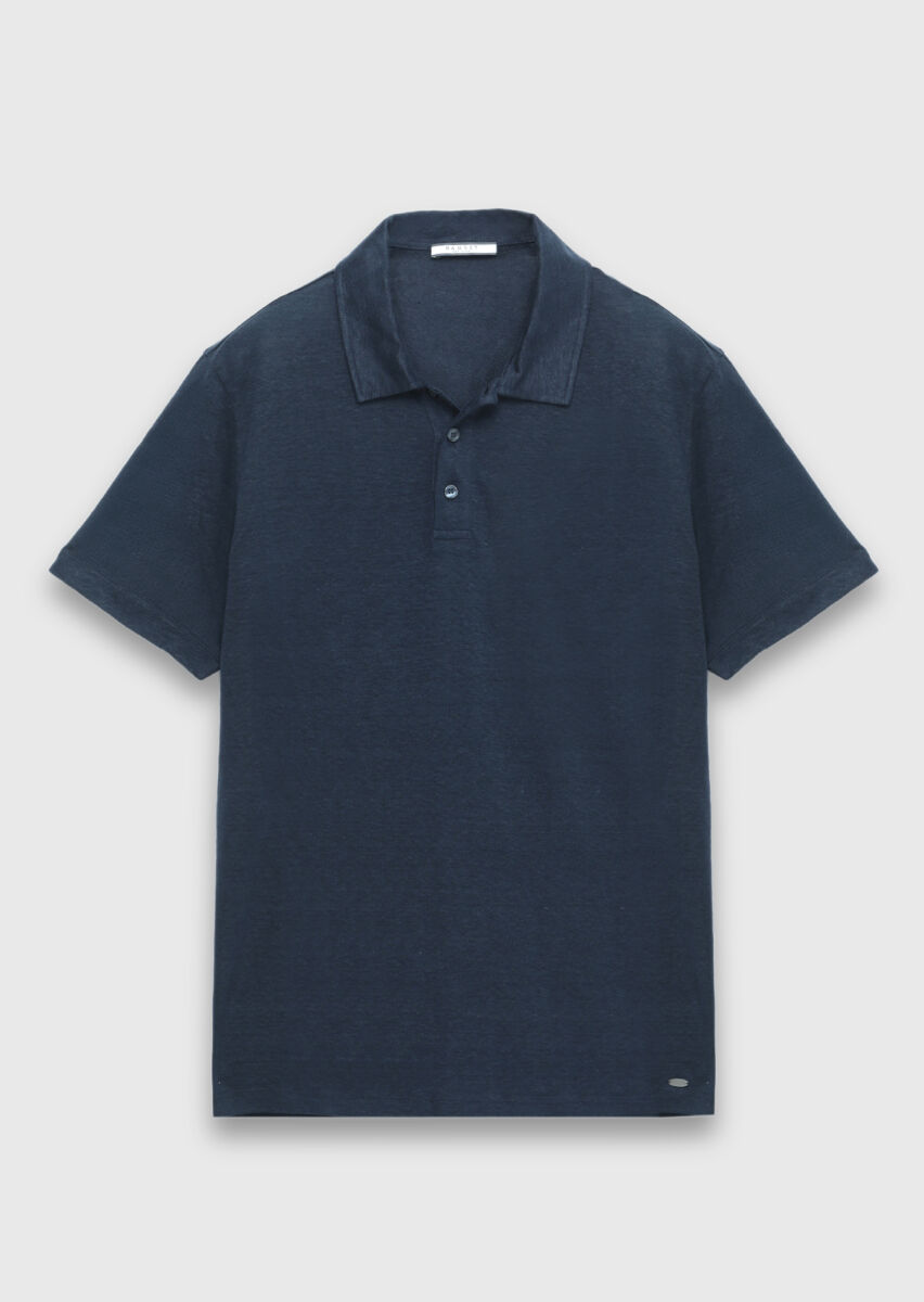 Navy Blue Plain 100% Linen T-Shirt - 6