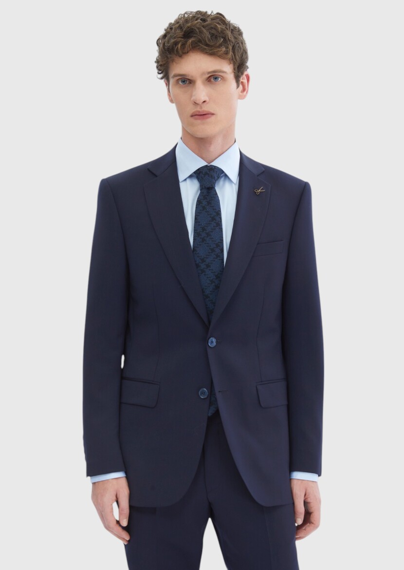 Navy Blue Plain 100% Wool Suit - 1
