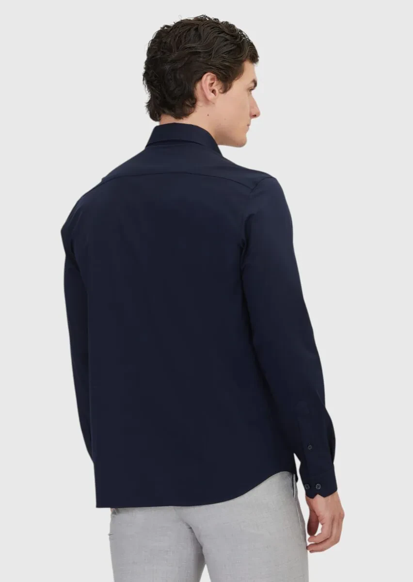 Navy Blue Plain Casual Fit Knitting Casual Cotton Blended Shirt - 5