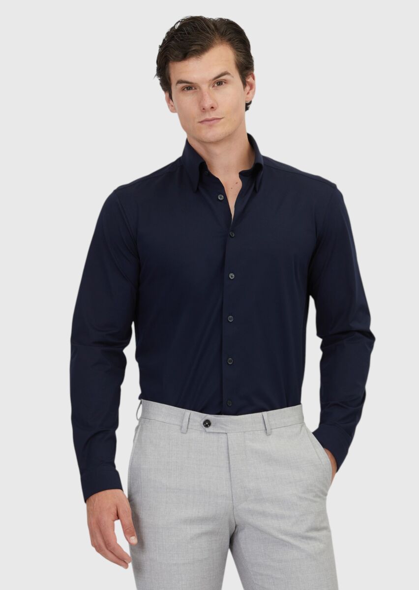 Navy Blue Plain Casual Fit Knitting Casual Cotton Blended Shirt - 1