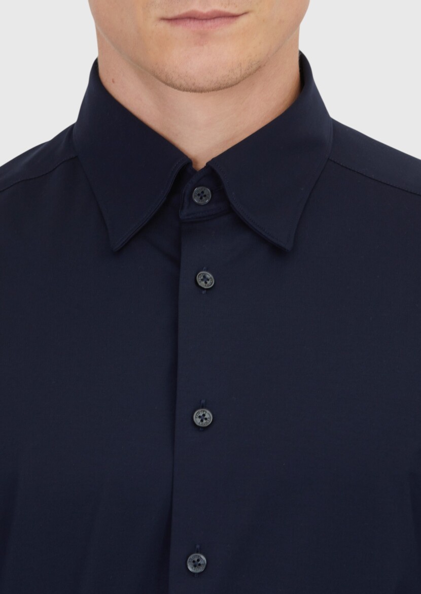 Navy Blue Plain Casual Fit Knitting Casual Cotton Blended Shirt - 3