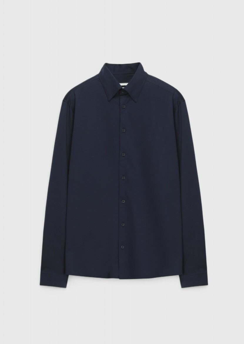 Navy Blue Plain Casual Fit Knitting Casual Cotton Blended Shirt - 6