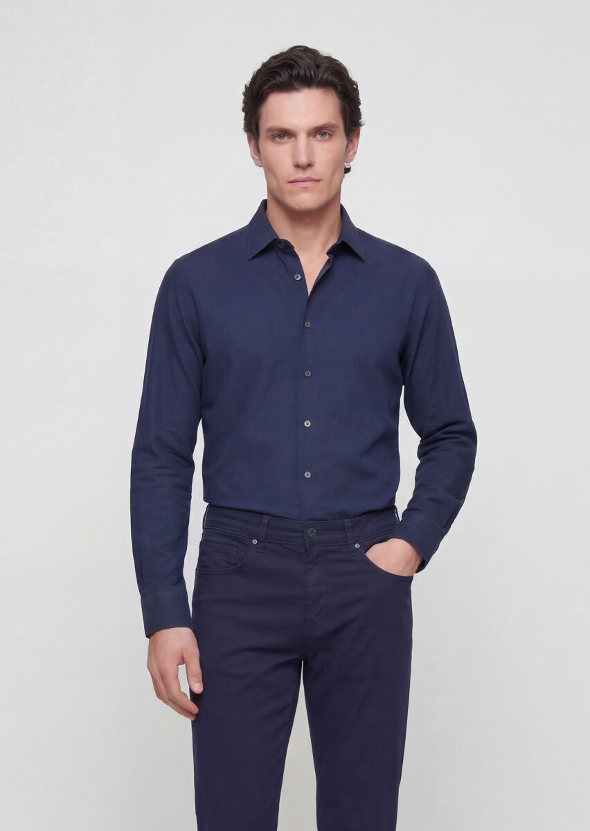 Navy Blue Plain Casual Fit Long Weaving Casual 100% Cotton Shirt - 3