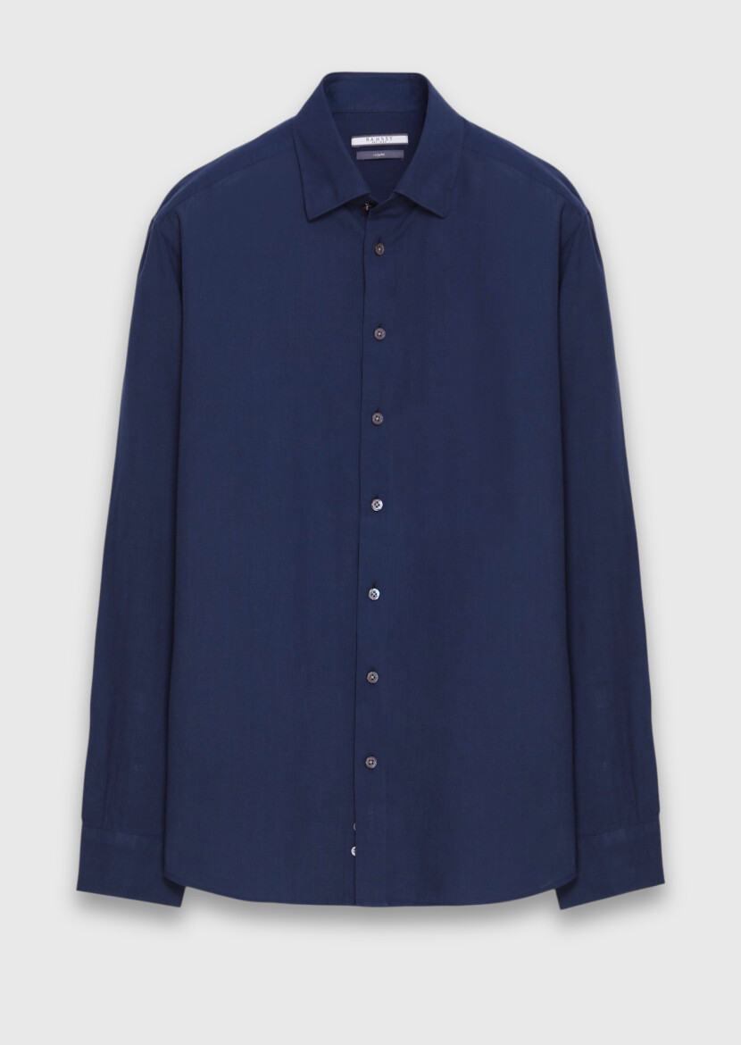 Navy Blue Plain Casual Fit Long Weaving Casual 100% Cotton Shirt - 5