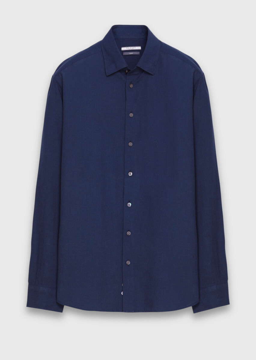 Navy Blue Plain Casual Fit Long Weaving Casual 100% Cotton Shirt - 5