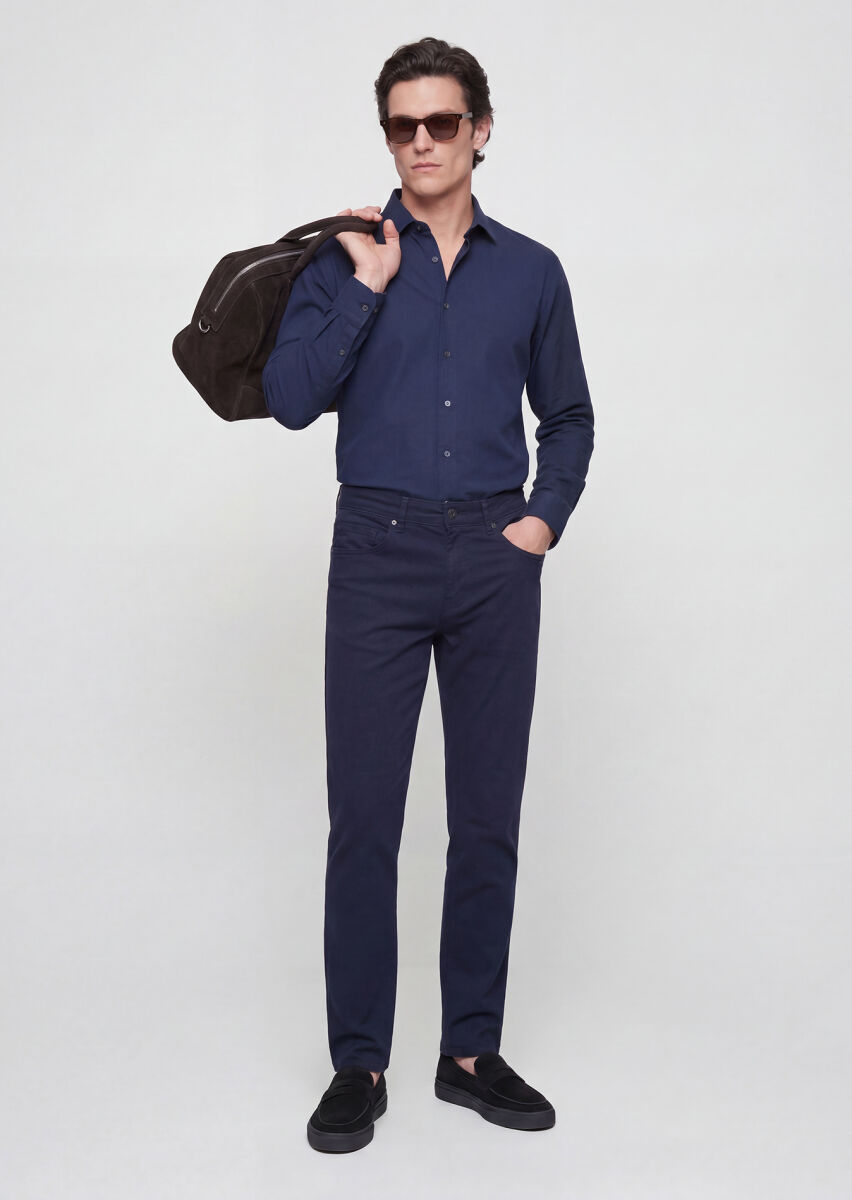 Navy Blue Plain Casual Fit Long Weaving Casual 100% Cotton Shirt - 2