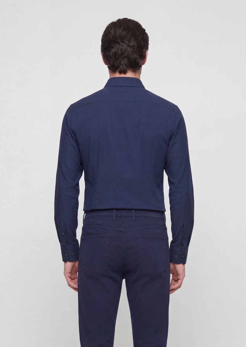 Navy Blue Plain Casual Fit Long Weaving Casual 100% Cotton Shirt - 4