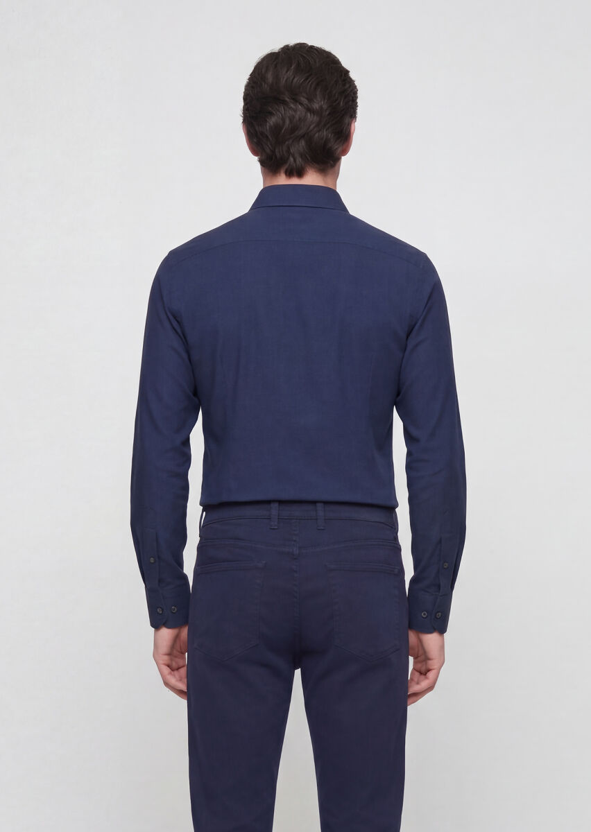 Navy Blue Plain Casual Fit Long Weaving Casual 100% Cotton Shirt - 4