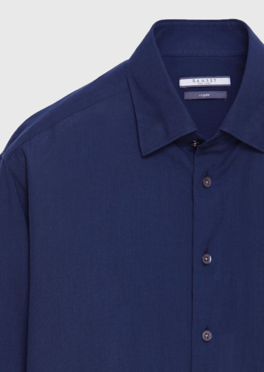 Navy Blue Plain Casual Fit Long Weaving Casual 100% Cotton Shirt - 6