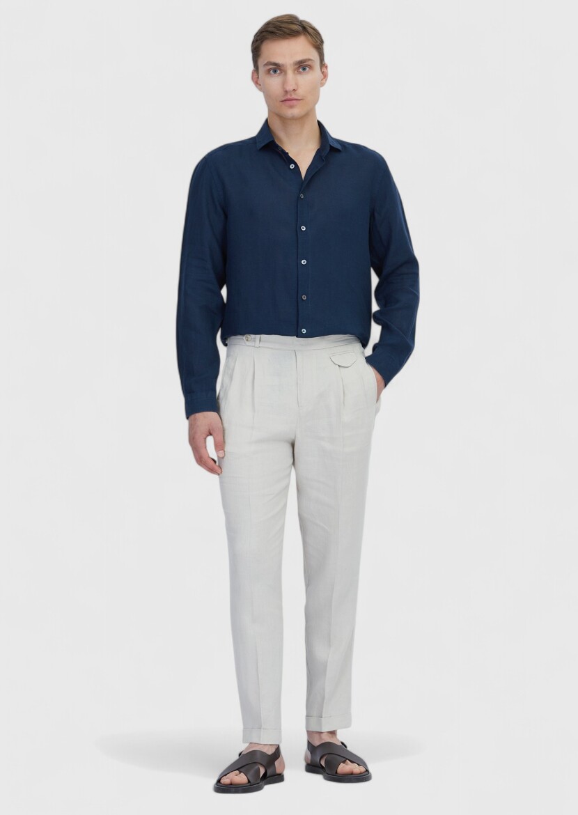 Navy Blue Plain Casual Fit Long Weaving Casual 100% Linen Shirt - 2