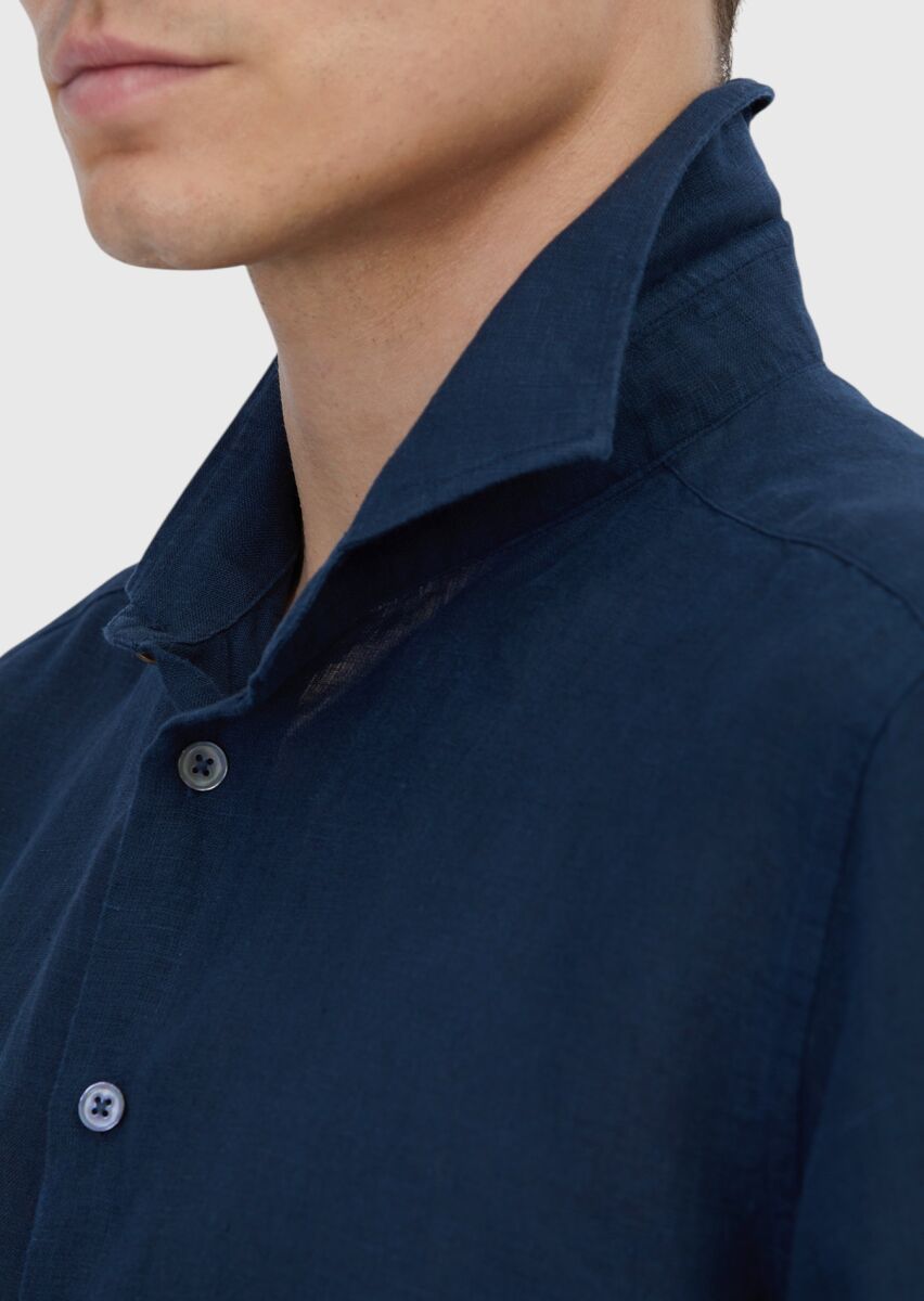 Navy Blue Plain Casual Fit Long Weaving Casual 100% Linen Shirt - 4