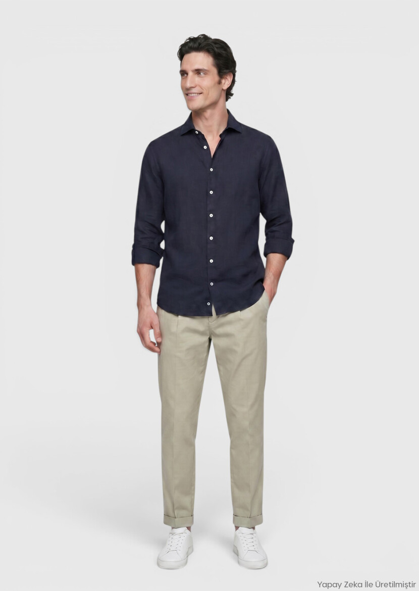 Navy Blue Plain Casual Fit Long Weaving Casual 100% Linen Shirt - RAMSEY